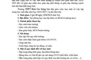 Trường THPT Bình Gia_Thông báo thời gian tập trung học sinh đầu năm học 2024-2025