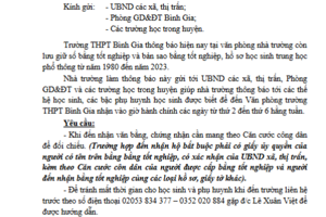 Thông báo trả văn bằng, chứng nhận, hồ sơ học sinh THPT